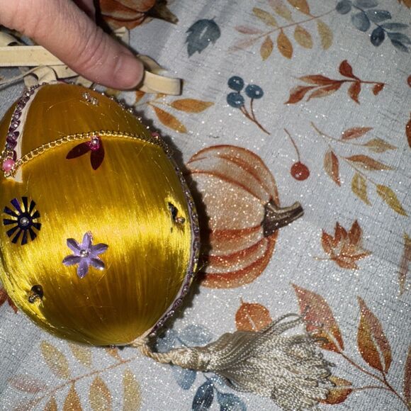 Vintage Satin Push Pin Sequin Bead Christmas Ornament Purple Yellow Gold - Picture 7 of 10